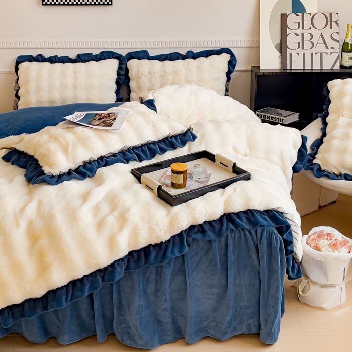 91家纺网 家纺一手货源 找家纺 睡美人 2025韩版兔兔绒牛奶绒床裙床单床笠款公主蕾丝四件套 兔兔绒-气质灰