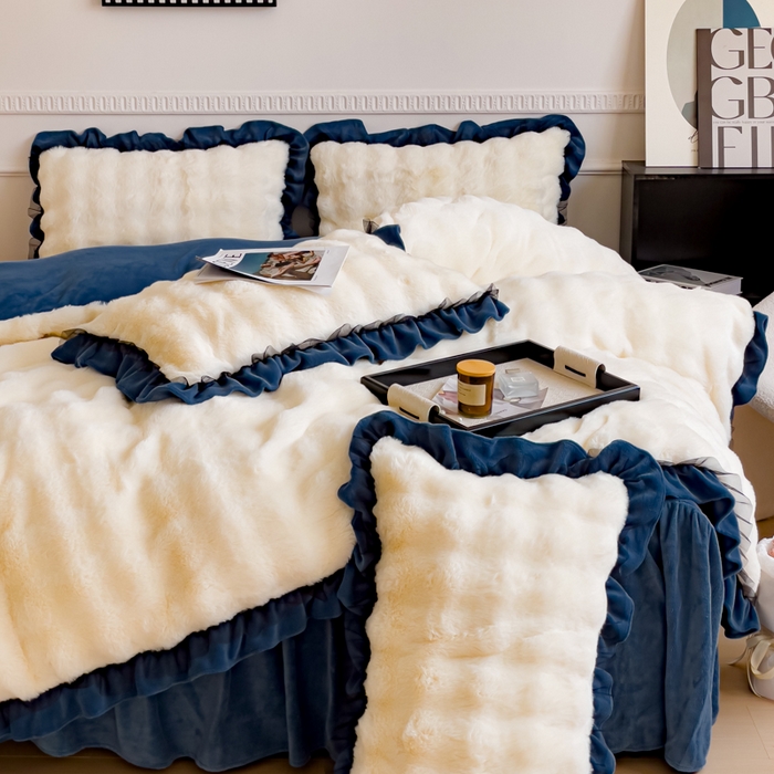 91家纺网 家纺一手货源 找家纺 睡美人 2025韩版兔兔绒牛奶绒床裙床单床笠款公主蕾丝四件套 兔兔绒-气质灰