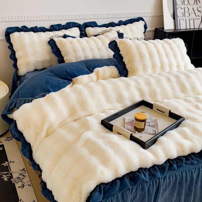 91家纺网 家纺一手货源 找家纺 睡美人 2025韩版兔兔绒牛奶绒床裙床单床笠款公主蕾丝四件套 兔兔绒-气质灰