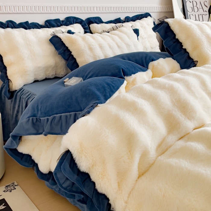 91家纺网 家纺一手货源 找家纺 睡美人 2025韩版兔兔绒牛奶绒床裙床单床笠款公主蕾丝四件套 兔兔绒-气质灰