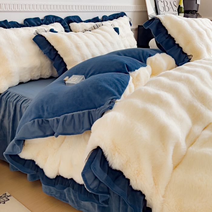 91家纺网 家纺一手货源 找家纺 睡美人 2025韩版兔兔绒牛奶绒床裙床单床笠款公主蕾丝四件套 兔兔绒-气质灰