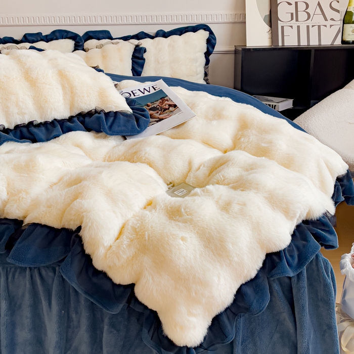 91家纺网 家纺一手货源 找家纺 睡美人 2025韩版兔兔绒牛奶绒床裙床单床笠款公主蕾丝四件套 兔兔绒-气质灰