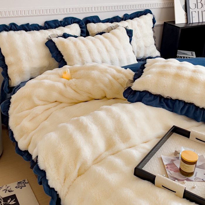 91家纺网 家纺一手货源 找家纺 睡美人 2025韩版兔兔绒牛奶绒床裙床单床笠款公主蕾丝四件套 兔兔绒-气质灰