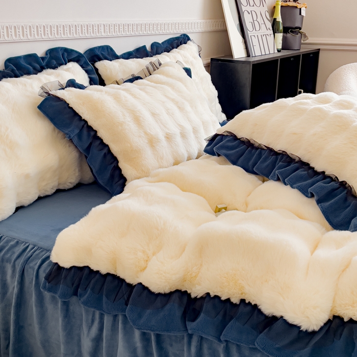 91家纺网 家纺一手货源 找家纺 睡美人 2025韩版兔兔绒牛奶绒床裙床单床笠款公主蕾丝四件套 兔兔绒-气质灰