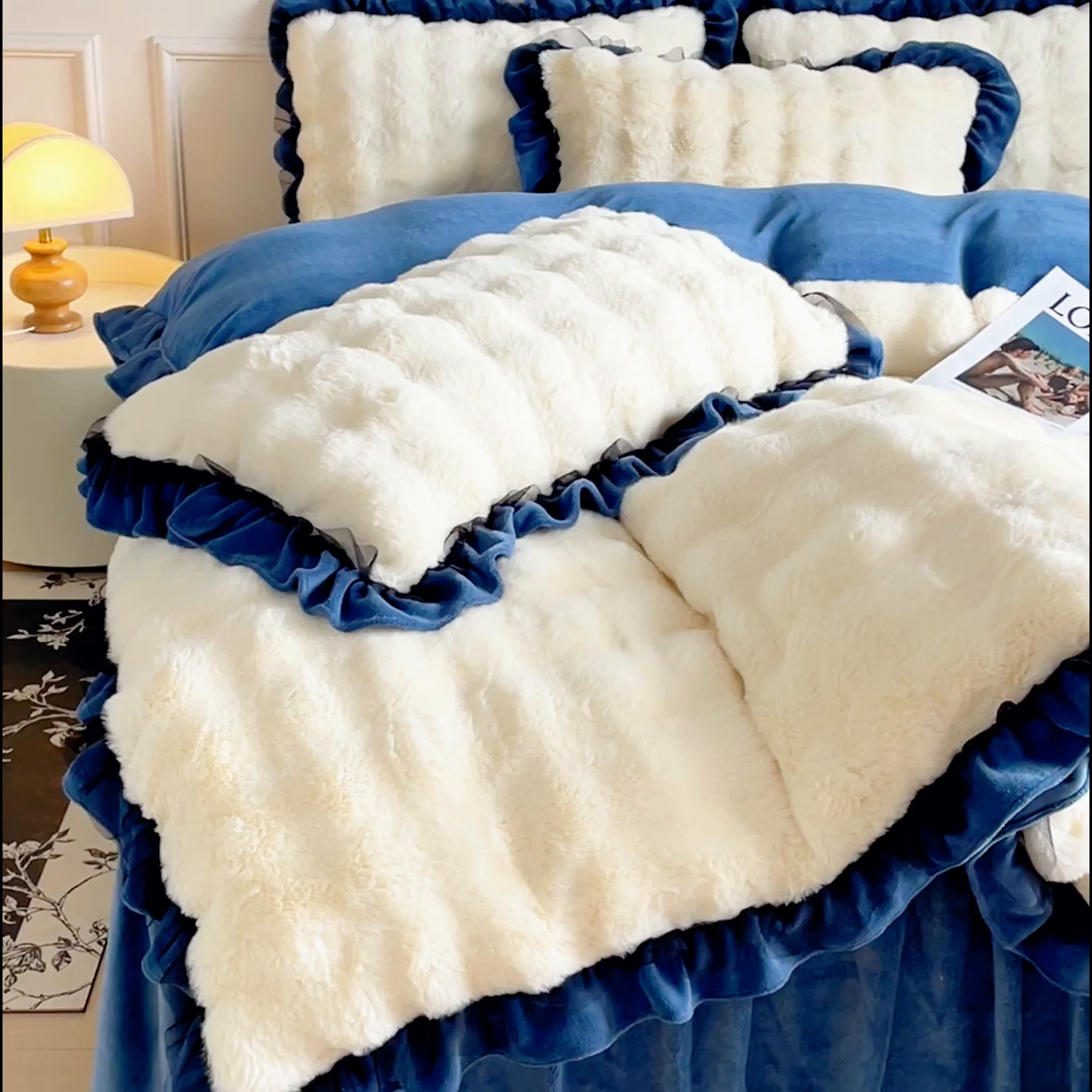 91家纺网 家纺一手货源 找家纺 睡美人 2025韩版兔兔绒牛奶绒床裙床单床笠款公主蕾丝四件套 兔兔绒-气质灰