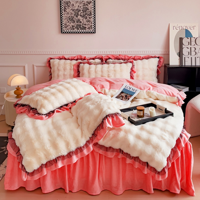 睡美人 2025韩版兔兔绒牛奶绒床裙床单床笠款公主蕾丝四件套 兔兔绒-石榴红