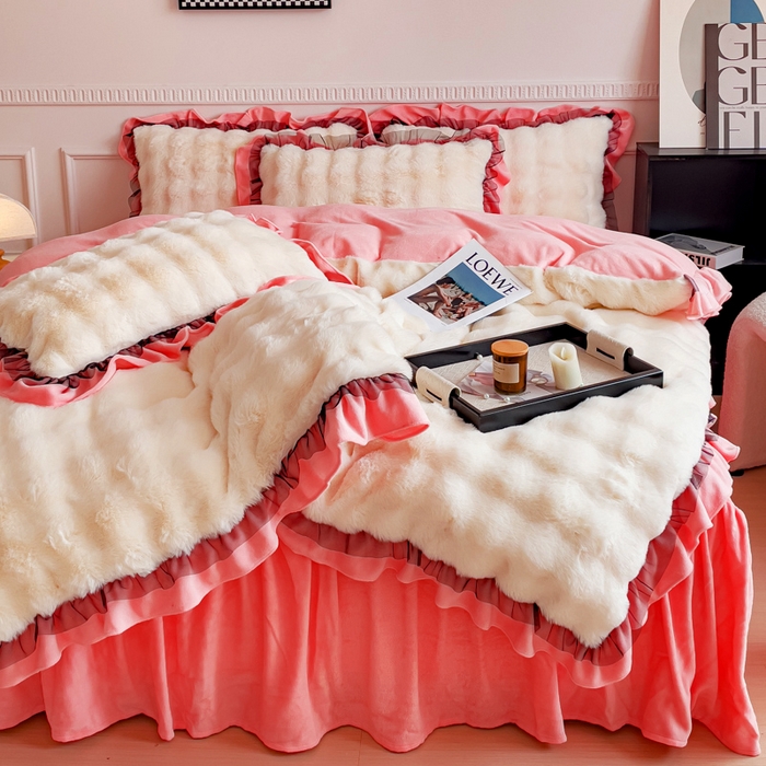 91家纺网 家纺一手货源 找家纺 睡美人 2025韩版兔兔绒牛奶绒床裙床单床笠款公主蕾丝四件套 兔兔绒-石榴红