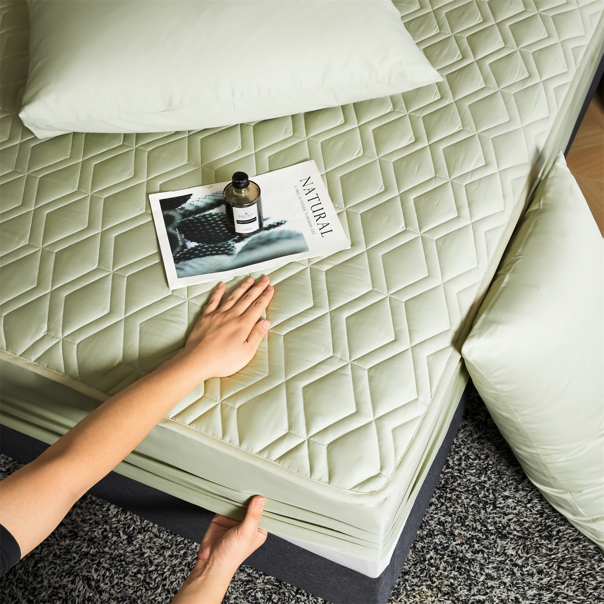 91家纺网 家纺一手货源 找家纺 优眠坊 2025新款60S全棉纯棉纯色床笠系列单床笠单品床笠单件床笠 柳染绿