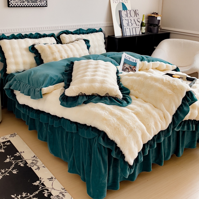 91家纺网 家纺一手货源 找家纺 睡美人 2025韩版兔兔绒牛奶绒床裙床单床笠款公主蕾丝四件套 兔兔绒-星空蓝