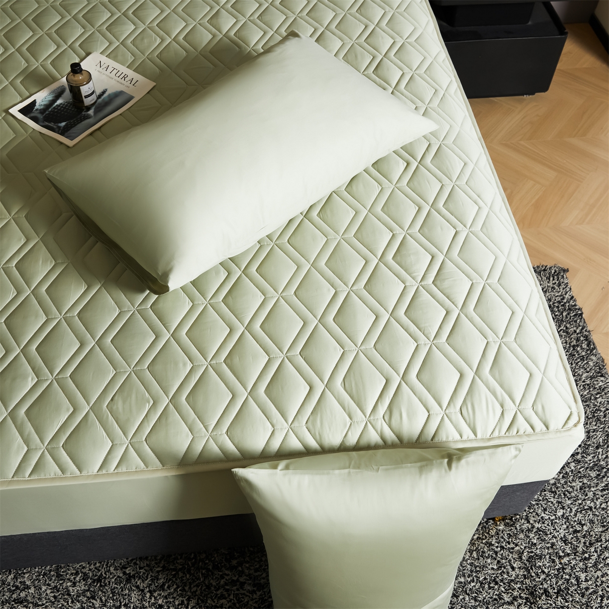 91家纺网 家纺一手货源 找家纺 优眠坊 2025新款60S全棉纯棉纯色床笠系列单床笠单品床笠单件床笠 柳染绿