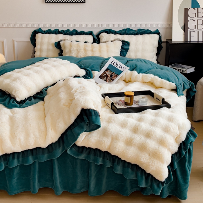 91家纺网 家纺一手货源 找家纺 睡美人 2025韩版兔兔绒牛奶绒床裙床单床笠款公主蕾丝四件套 兔兔绒-星空蓝