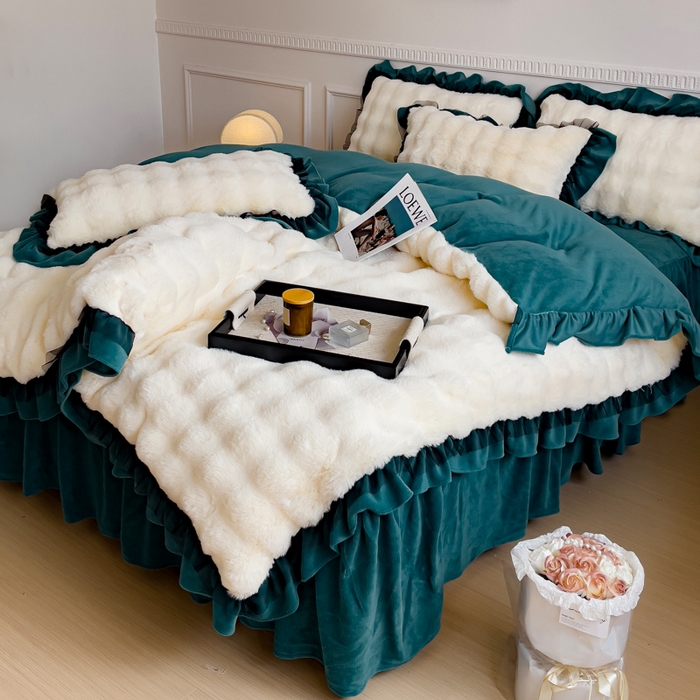 91家纺网 家纺一手货源 找家纺 睡美人 2025韩版兔兔绒牛奶绒床裙床单床笠款公主蕾丝四件套 兔兔绒-星空蓝