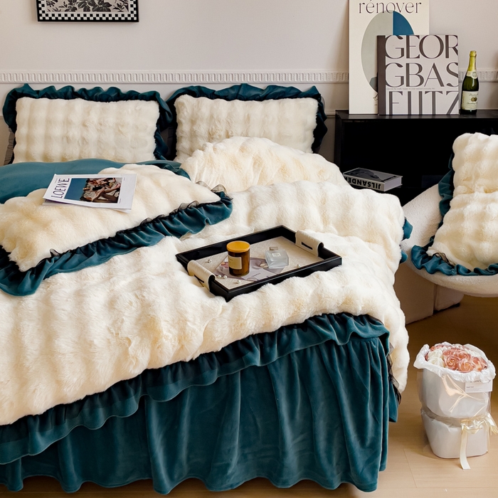 91家纺网 家纺一手货源 找家纺 睡美人 2025韩版兔兔绒牛奶绒床裙床单床笠款公主蕾丝四件套 兔兔绒-星空蓝