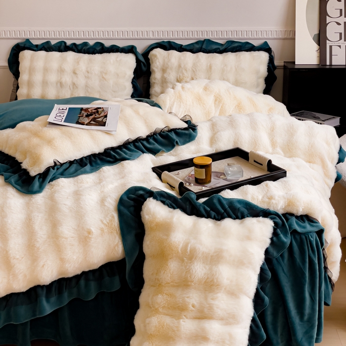 91家纺网 家纺一手货源 找家纺 睡美人 2025韩版兔兔绒牛奶绒床裙床单床笠款公主蕾丝四件套 兔兔绒-星空蓝