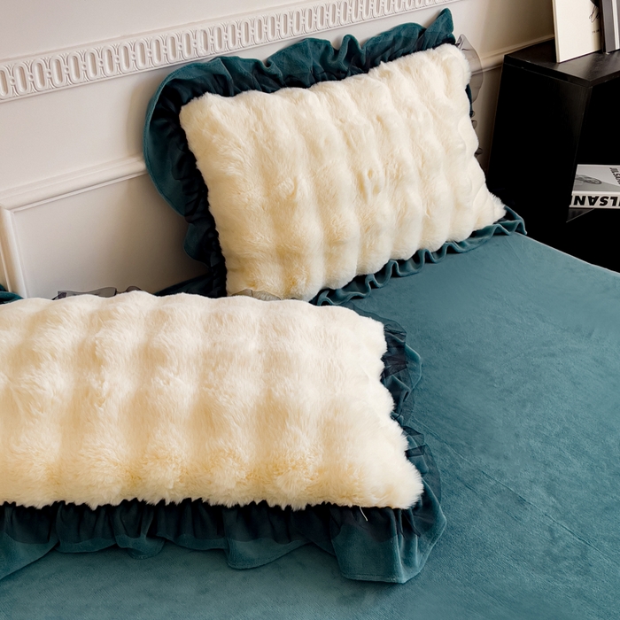 91家纺网 家纺一手货源 找家纺 睡美人 2025韩版兔兔绒牛奶绒床裙床单床笠款公主蕾丝四件套 兔兔绒-星空蓝