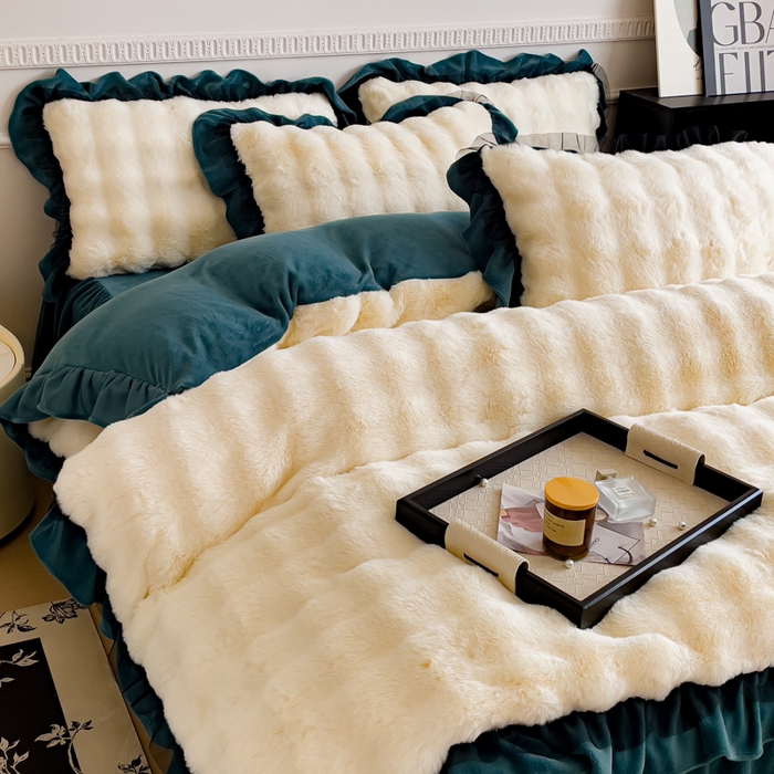 91家纺网 家纺一手货源 找家纺 睡美人 2025韩版兔兔绒牛奶绒床裙床单床笠款公主蕾丝四件套 兔兔绒-星空蓝