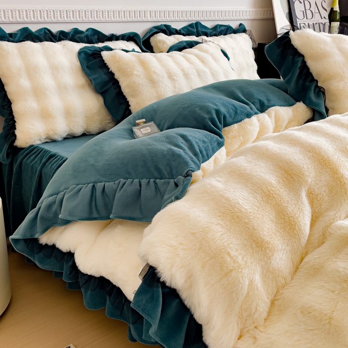 91家纺网 家纺一手货源 找家纺 睡美人 2025韩版兔兔绒牛奶绒床裙床单床笠款公主蕾丝四件套 兔兔绒-星空蓝