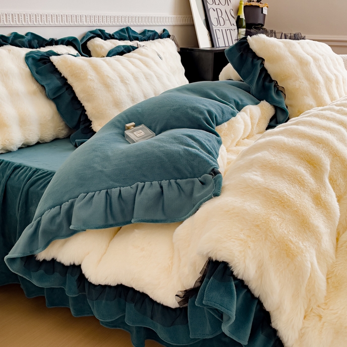 91家纺网 家纺一手货源 找家纺 睡美人 2025韩版兔兔绒牛奶绒床裙床单床笠款公主蕾丝四件套 兔兔绒-星空蓝