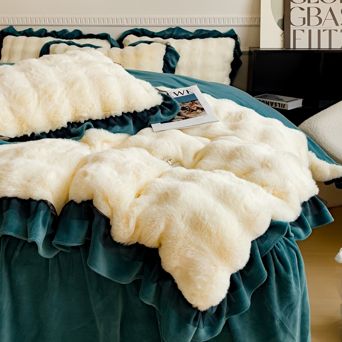 91家纺网 家纺一手货源 找家纺 睡美人 2025韩版兔兔绒牛奶绒床裙床单床笠款公主蕾丝四件套 兔兔绒-星空蓝