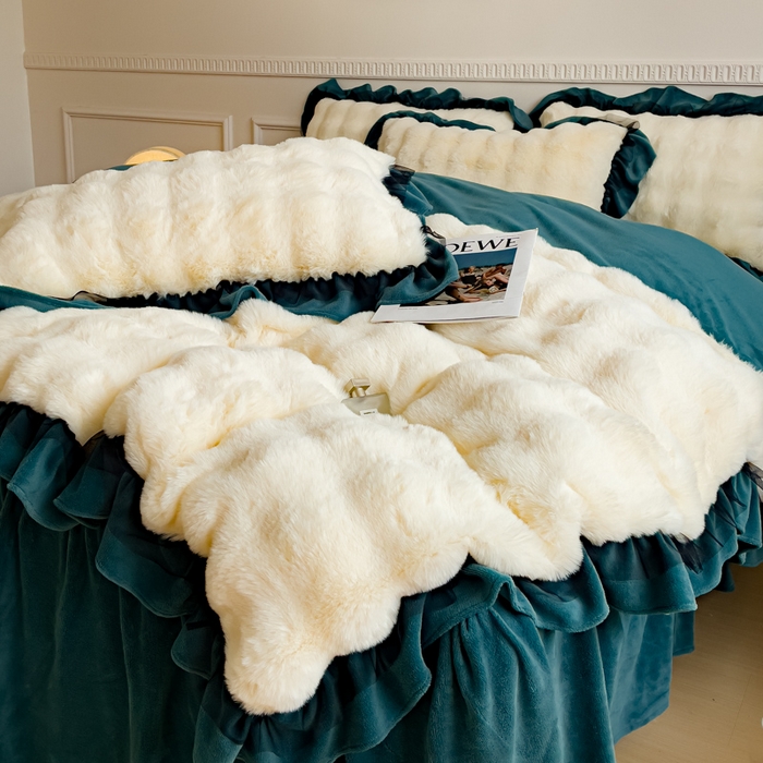 91家纺网 家纺一手货源 找家纺 睡美人 2025韩版兔兔绒牛奶绒床裙床单床笠款公主蕾丝四件套 兔兔绒-星空蓝