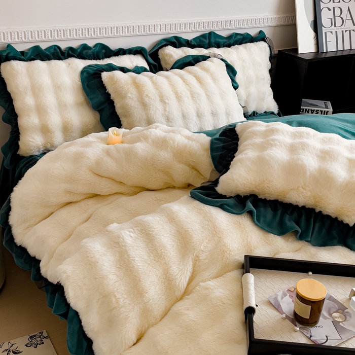 91家纺网 家纺一手货源 找家纺 睡美人 2025韩版兔兔绒牛奶绒床裙床单床笠款公主蕾丝四件套 兔兔绒-星空蓝