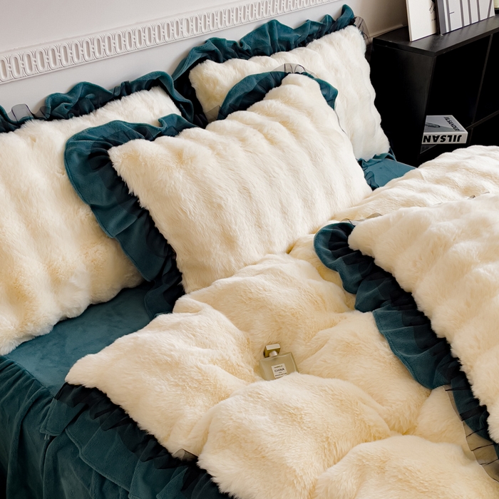 91家纺网 家纺一手货源 找家纺 睡美人 2025韩版兔兔绒牛奶绒床裙床单床笠款公主蕾丝四件套 兔兔绒-星空蓝