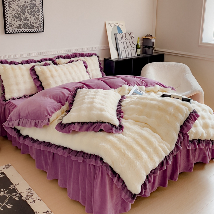 91家纺网 家纺一手货源 找家纺 睡美人 2025韩版兔兔绒牛奶绒床裙床单床笠款公主蕾丝四件套 兔兔绒-薰衣紫