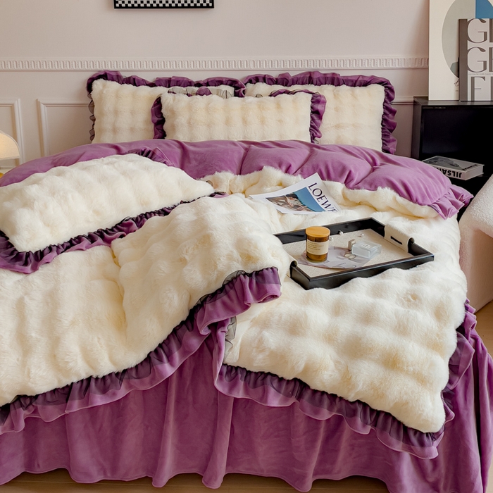 91家纺网 家纺一手货源 找家纺 睡美人 2025韩版兔兔绒牛奶绒床裙床单床笠款公主蕾丝四件套 兔兔绒-薰衣紫