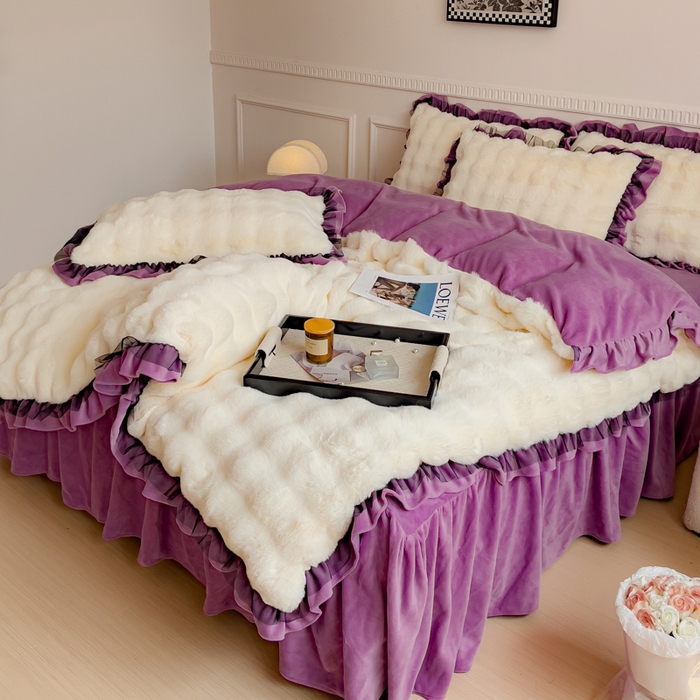 91家纺网 家纺一手货源 找家纺 睡美人 2025韩版兔兔绒牛奶绒床裙床单床笠款公主蕾丝四件套 兔兔绒-薰衣紫