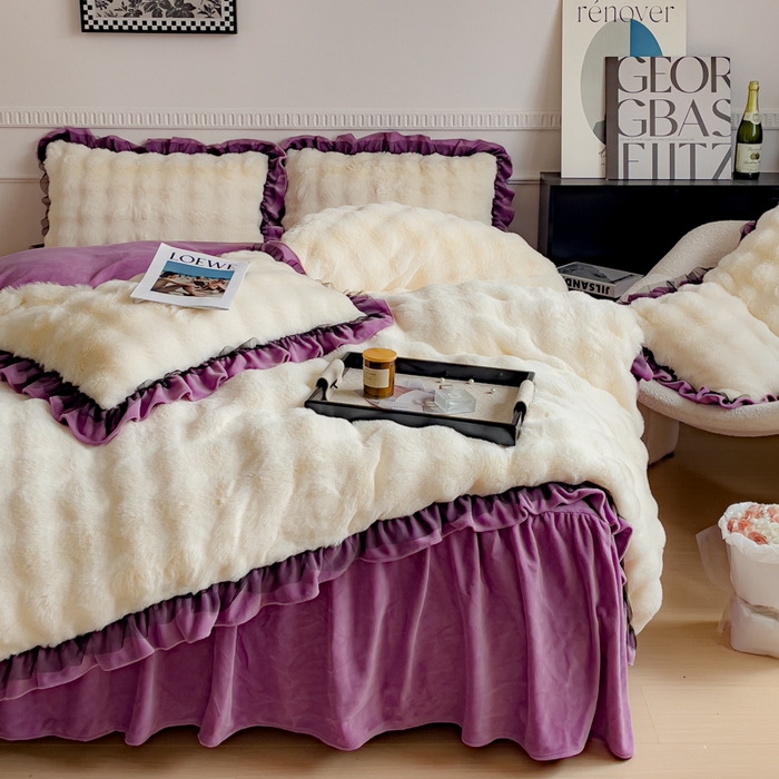 91家纺网 家纺一手货源 找家纺 睡美人 2025韩版兔兔绒牛奶绒床裙床单床笠款公主蕾丝四件套 兔兔绒-薰衣紫