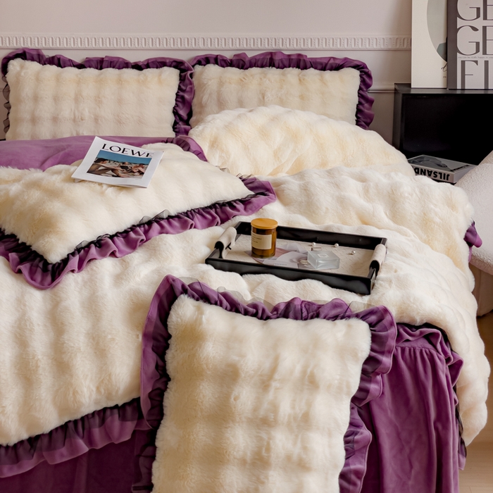 91家纺网 家纺一手货源 找家纺 睡美人 2025韩版兔兔绒牛奶绒床裙床单床笠款公主蕾丝四件套 兔兔绒-薰衣紫