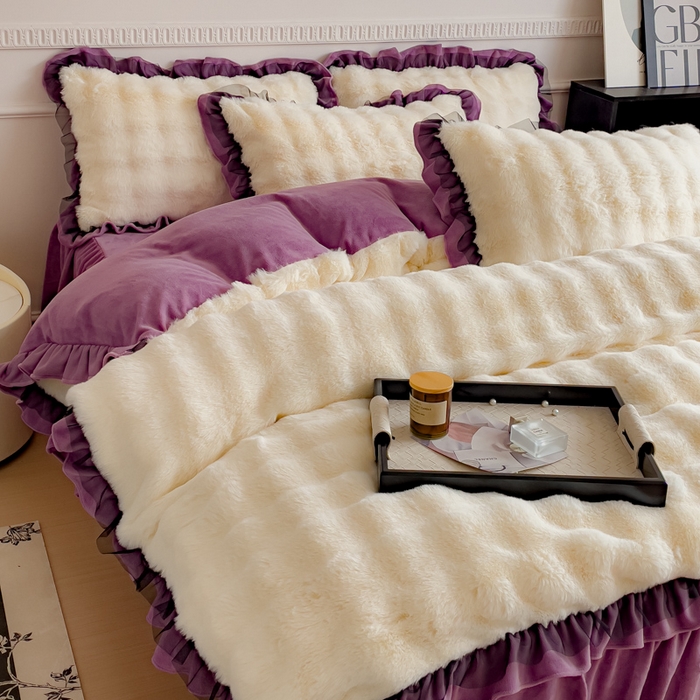 91家纺网 家纺一手货源 找家纺 睡美人 2025韩版兔兔绒牛奶绒床裙床单床笠款公主蕾丝四件套 兔兔绒-薰衣紫