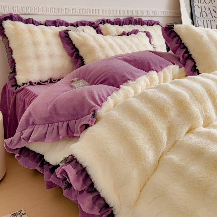 91家纺网 家纺一手货源 找家纺 睡美人 2025韩版兔兔绒牛奶绒床裙床单床笠款公主蕾丝四件套 兔兔绒-薰衣紫