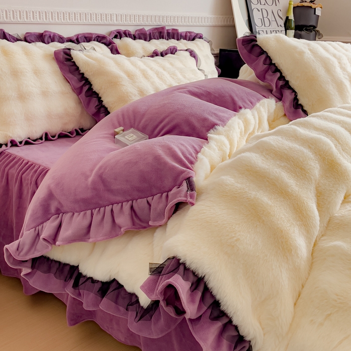 91家纺网 家纺一手货源 找家纺 睡美人 2025韩版兔兔绒牛奶绒床裙床单床笠款公主蕾丝四件套 兔兔绒-薰衣紫