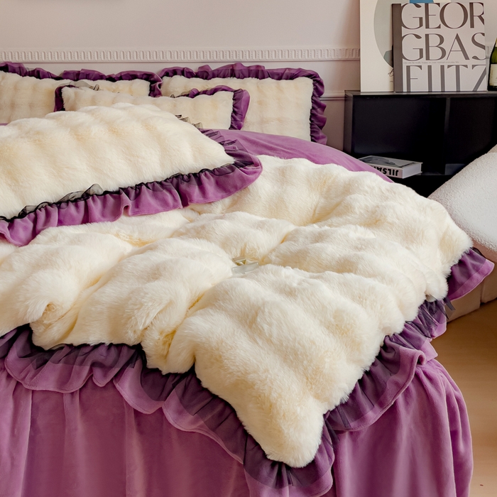 91家纺网 家纺一手货源 找家纺 睡美人 2025韩版兔兔绒牛奶绒床裙床单床笠款公主蕾丝四件套 兔兔绒-薰衣紫