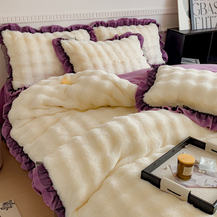 91家纺网 家纺一手货源 找家纺 睡美人 2025韩版兔兔绒牛奶绒床裙床单床笠款公主蕾丝四件套 兔兔绒-薰衣紫