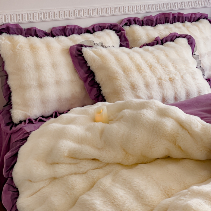 91家纺网 家纺一手货源 找家纺 睡美人 2025韩版兔兔绒牛奶绒床裙床单床笠款公主蕾丝四件套 兔兔绒-薰衣紫