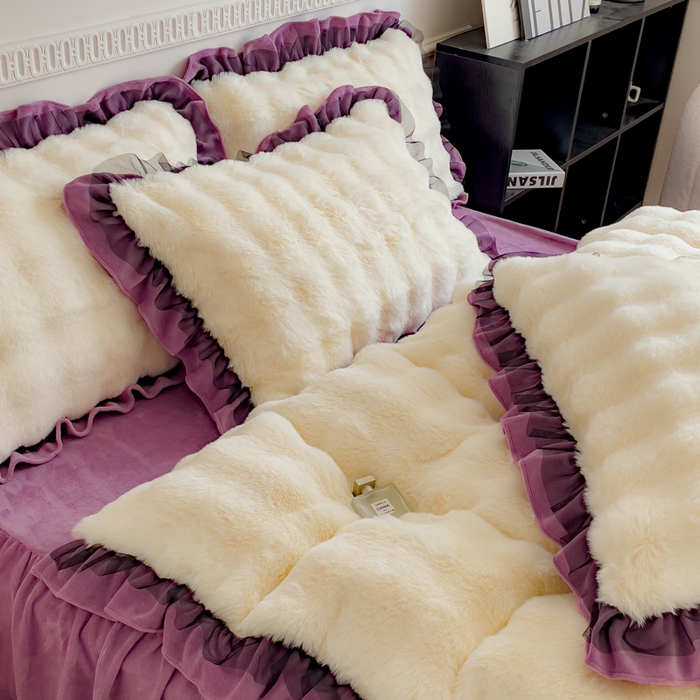 91家纺网 家纺一手货源 找家纺 睡美人 2025韩版兔兔绒牛奶绒床裙床单床笠款公主蕾丝四件套 兔兔绒-薰衣紫