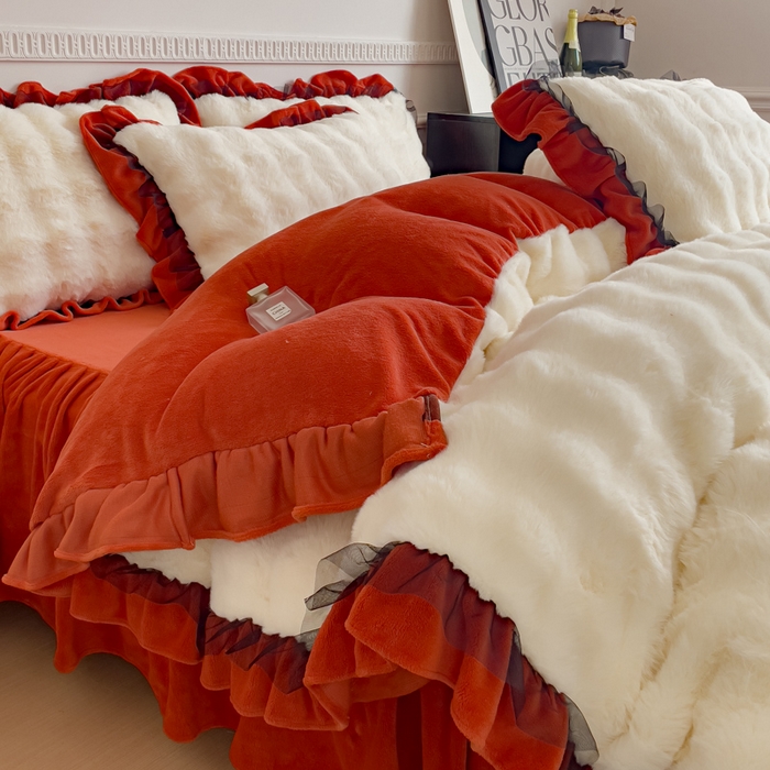 91家纺网 家纺一手货源 找家纺 睡美人 2025韩版兔兔绒牛奶绒床裙床单床笠款公主蕾丝四件套 兔兔绒-阳光橙