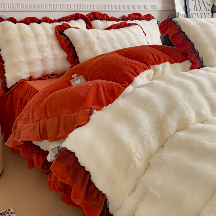 91家纺网 家纺一手货源 找家纺 睡美人 2025韩版兔兔绒牛奶绒床裙床单床笠款公主蕾丝四件套 兔兔绒-阳光橙