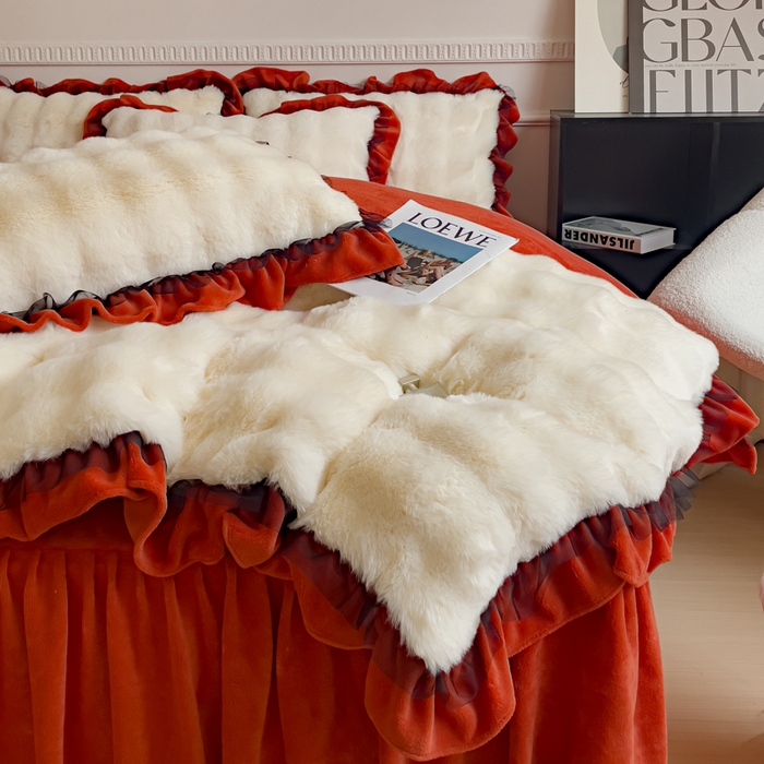 91家纺网 家纺一手货源 找家纺 睡美人 2025韩版兔兔绒牛奶绒床裙床单床笠款公主蕾丝四件套 兔兔绒-阳光橙