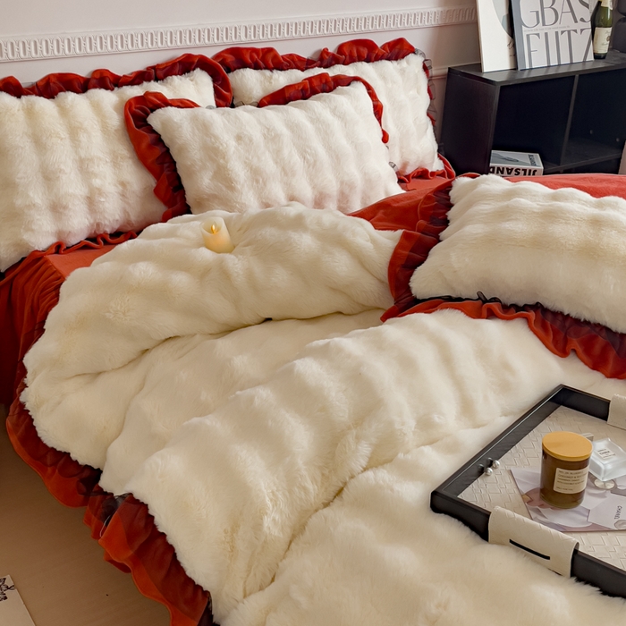 91家纺网 家纺一手货源 找家纺 睡美人 2025韩版兔兔绒牛奶绒床裙床单床笠款公主蕾丝四件套 兔兔绒-阳光橙