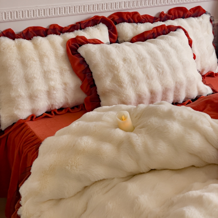 91家纺网 家纺一手货源 找家纺 睡美人 2025韩版兔兔绒牛奶绒床裙床单床笠款公主蕾丝四件套 兔兔绒-阳光橙