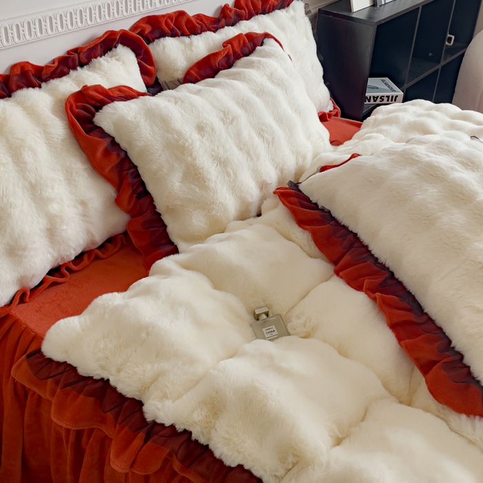 91家纺网 家纺一手货源 找家纺 睡美人 2025韩版兔兔绒牛奶绒床裙床单床笠款公主蕾丝四件套 兔兔绒-阳光橙