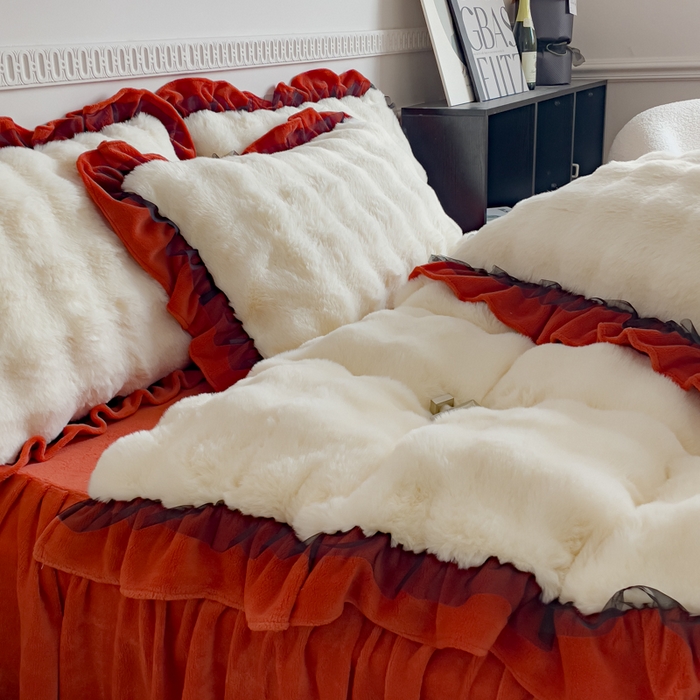 91家纺网 家纺一手货源 找家纺 睡美人 2025韩版兔兔绒牛奶绒床裙床单床笠款公主蕾丝四件套 兔兔绒-阳光橙