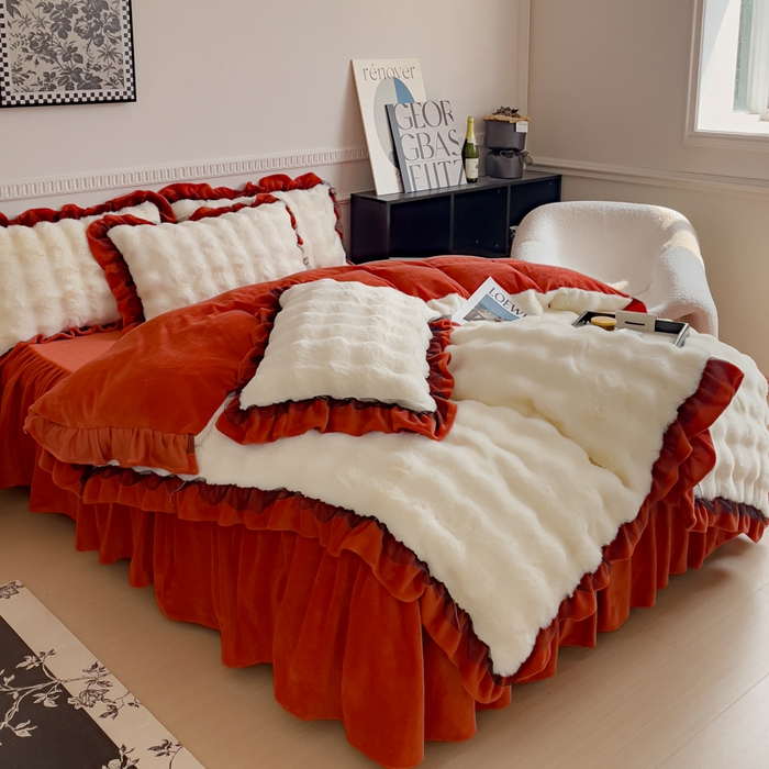 91家纺网 家纺一手货源 找家纺 睡美人 2025韩版兔兔绒牛奶绒床裙床单床笠款公主蕾丝四件套 兔兔绒-阳光橙