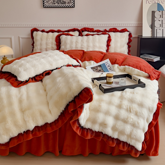 91家纺网 家纺一手货源 找家纺 睡美人 2025韩版兔兔绒牛奶绒床裙床单床笠款公主蕾丝四件套 兔兔绒-阳光橙