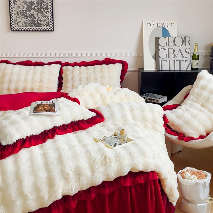 91家纺网 家纺一手货源 找家纺 睡美人 2025韩版兔兔绒牛奶绒床裙床单床笠款公主蕾丝四件套 兔兔绒-中国红