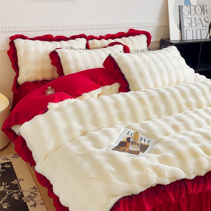 91家纺网 家纺一手货源 找家纺 睡美人 2025韩版兔兔绒牛奶绒床裙床单床笠款公主蕾丝四件套 兔兔绒-中国红