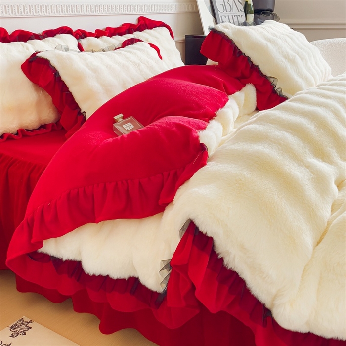 91家纺网 家纺一手货源 找家纺 睡美人 2025韩版兔兔绒牛奶绒床裙床单床笠款公主蕾丝四件套 兔兔绒-中国红